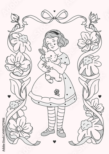 A monochrome outline illustration of a girl with a rabbit amid a blooming floral border. A vintage, hand-drawn, black-and-white coloring page for a retro coloring book. Coquette cottagecore aesthetic