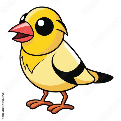 Cartoon canary stands isolated; its red beak is open, and it has yellow feathers