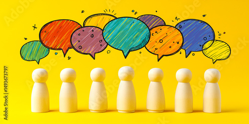 Group of people sharing thoughts connected by vibrant speech bubbles symbolizing collective on transparent background