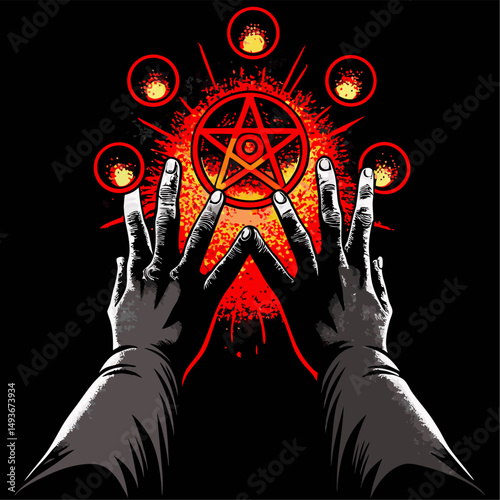 Fiery pentagram summoning hands encircling burning star