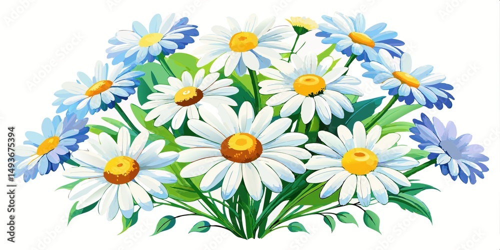 Obraz premium A vibrant collection of daisies, some with bluetinged petals and green leaves