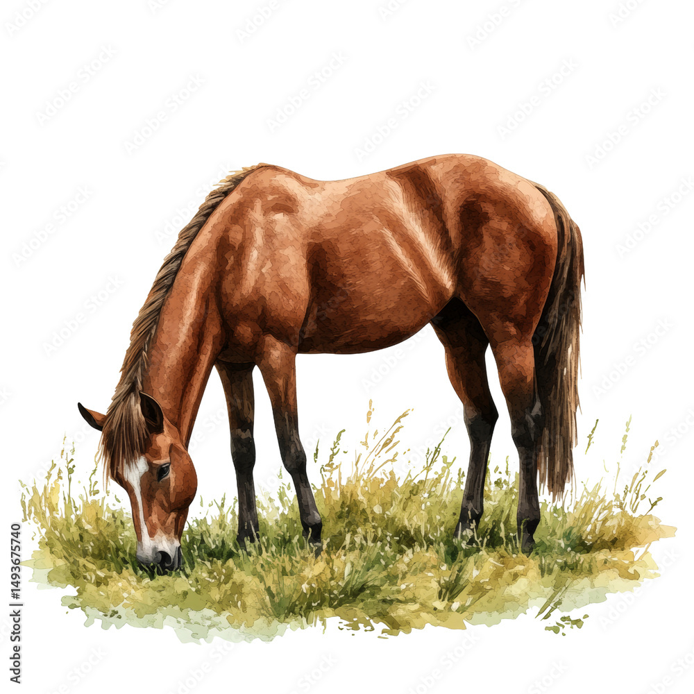 Obraz premium Grazing Brown Horse in a Meadow Nature isolated on a white background, Watercolor illustration