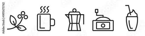 Coffee line icon set. Beans bag, roasting, turkish cezve, drip pods, percolator, chorreador, filters, capsules, espresso vector illustrations, coffee beans. Simple outline signs for cafe menu