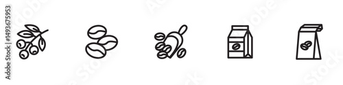 Coffee line icon set. Beans bag, roasting, turkish cezve, drip pods, percolator, chorreador, filters, capsules, espresso vector illustrations, coffee beans. Simple outline signs for cafe menu
