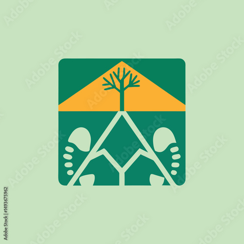 Abstract ecological illustration depicting tree roots footprints and symbolism in green and yellow
