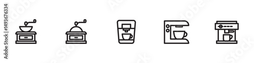 Coffee line icon set. Beans bag, roasting, turkish cezve, drip pods, percolator, chorreador, filters, capsules, espresso vector illustrations, coffee beans. Simple outline signs for cafe menu photo