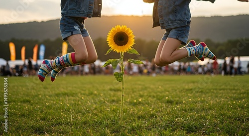 Children Jumping Over Sunflower in Field at Sunset