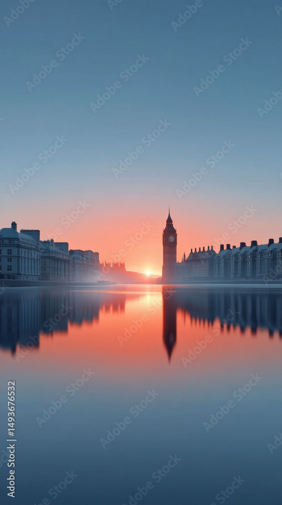 Fototapeta premium Majestic cityscape reflected on tranquil waters at sunrise. Evokes serenity, history, and new beginnings. Perfect for travel, finance, or global themes.