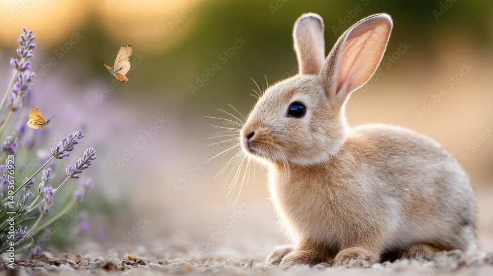 Fototapeta premium Tranquil garden scene with rabbit and butterflies in springtime