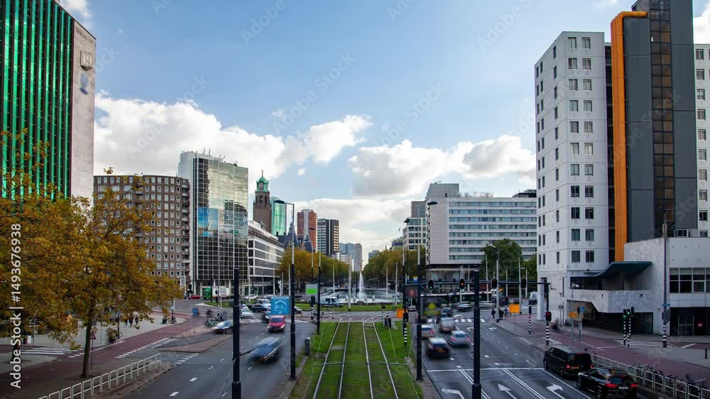 Autumn Daylight Traffic Activity in Rotterdam City Timelapse