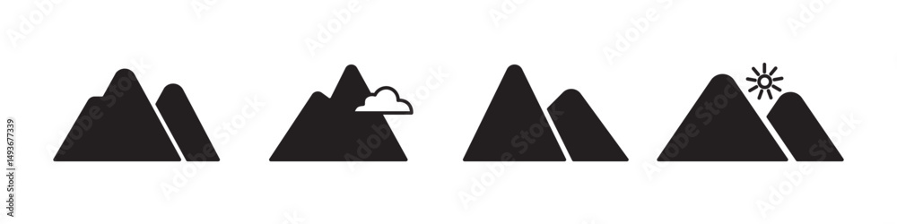 Minimalist Mountain Icons Set – Black and White Vector Illustrations with Sun and Cloud Minimalist Mountain Icons Set – Black and White Vector Illustrations with Sun and Cloud