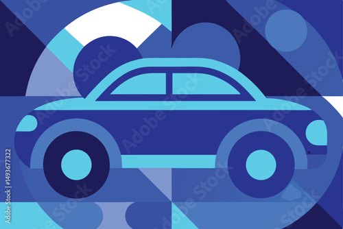 Abstract geometric car illustration in various shades of blue with transparency