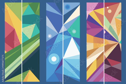 Abstract geometric composition displaying colorful faceted shapes with transparency