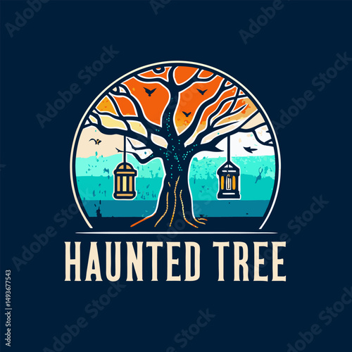 Vintage haunted tree design with hanging lanterns and birds