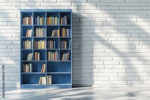 Blue bookcase with books against white brick wall
