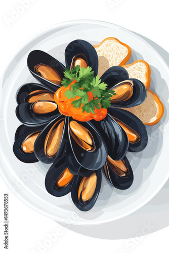 Delicious mussel dish with bread and herbs