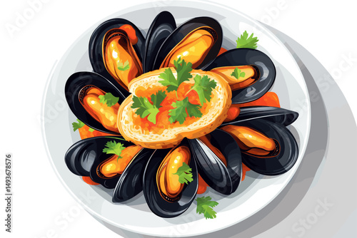 Delicious mussel dish with bread and herbs