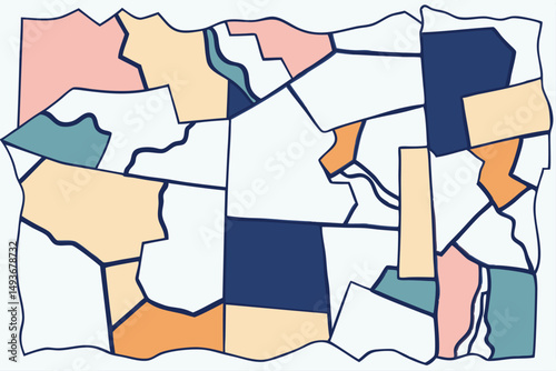 Abstract geometric composition of colorful shapes with dark outlines and transparency