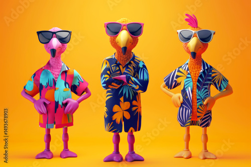 Colorful flamingo bird trio in funky outfits on bright background for birthday party advertisement