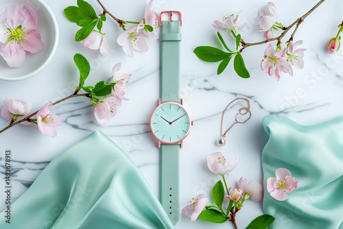 Flat lay mockup with elegant silk scarf, luxury watch, blooming branches, and stylish jewelry
