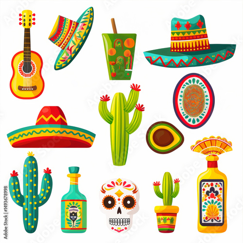 Mexican flat icons  maracas, sombrero, mariachi band, tequila, cactus, poncho, sugar skull, avocado