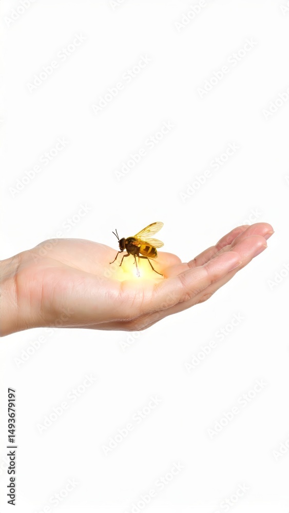 Obraz premium An illuminated bee rests on a hand against a white background, capturing a magical moment