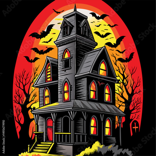 Spooky victorian haunted house at sunset halloween illustration