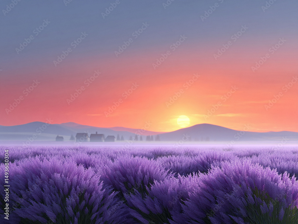 Fototapeta premium Serene lavender field meets a vibrant sunset. Evokes peace, beauty, and tranquility. Perfect for wellness, travel, or mindfulness content.