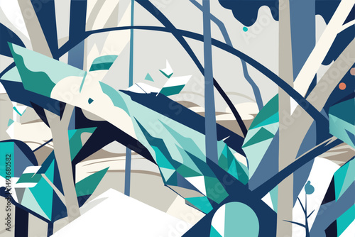 Abstract geometric forest scene in cool blues and teal colors