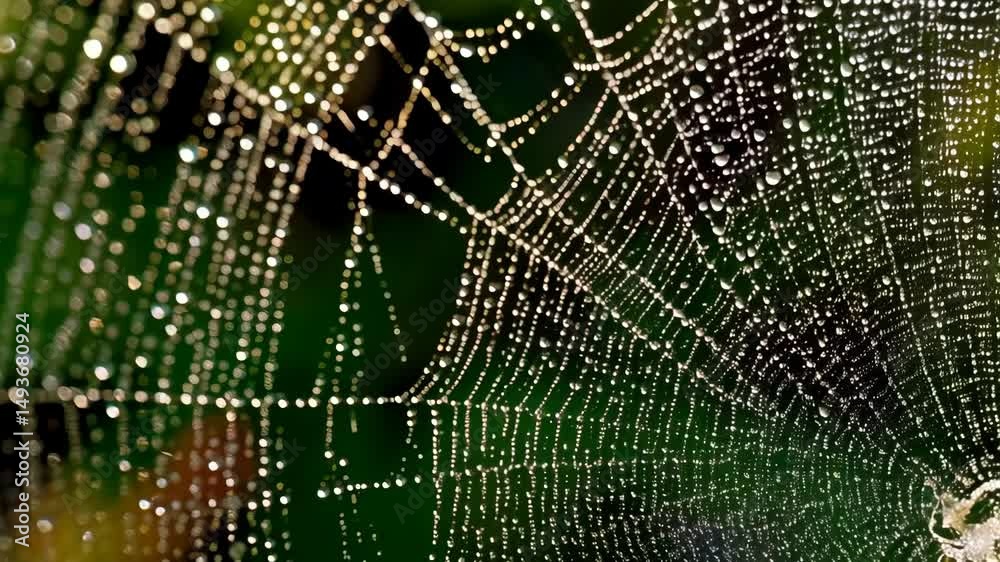 Detailed spiderweb covered in dewdrops hangs against a vibrant green and black foliage background illuminated by soft sunlight.