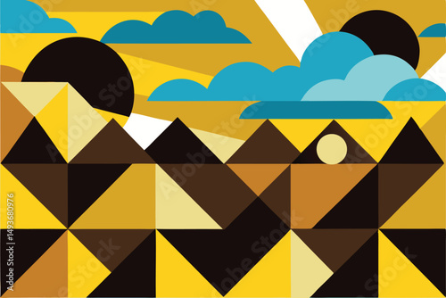 Abstract geometric landscape with sun clouds and triangular shapes in earth tones