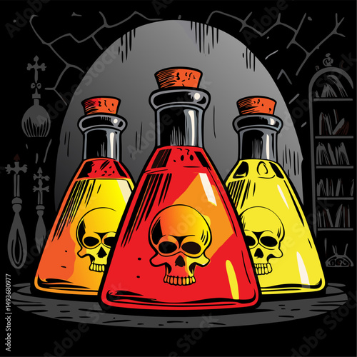 Three poison bottles with skulls in a dark mysterious setting
