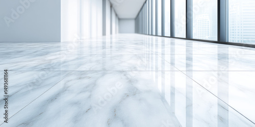 A spacious room with large windows features a polished marble floor. Modern architecture, minimalistic interior