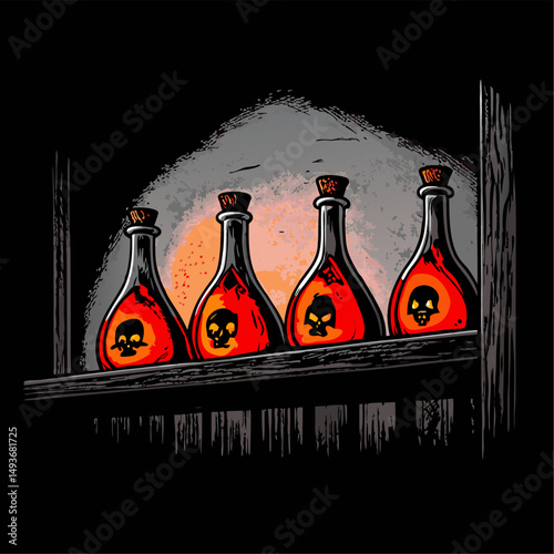 Four poison bottles on a dark wooden shelf