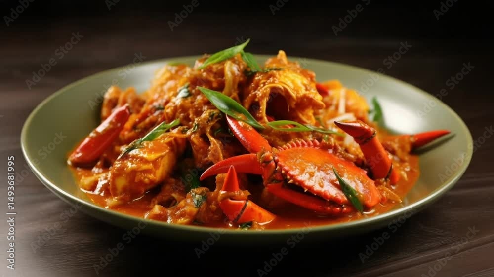Stir fried crab with curry powder in dish with smoke