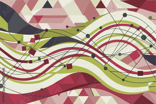 Abstract graphic design with wavy lines geometric shapes and transparency