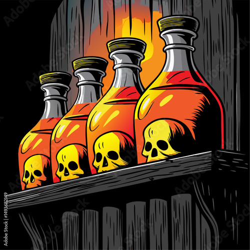 Four skull decorated bottles of amber liquid on a wooden shelf