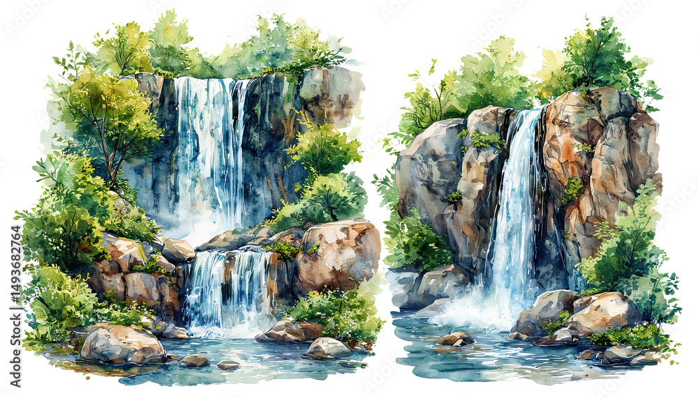 Naklejka premium a pair of watercolor paintings depict lush, rocky waterfalls cascading into tranquil pools surrounded by vibrant greenery.