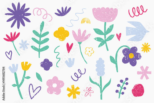 Set Flower Hand drawn crayon pencil vector. Child color crayon chalk hand drawn with plant leaf, spring flower. Pastel floral simple doodle illustration. Brush branch, flowers, botanical floral vector