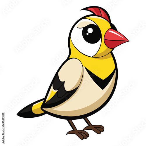 Cartoon bird with yellow feathers and red crest stands cheerfully on its feet