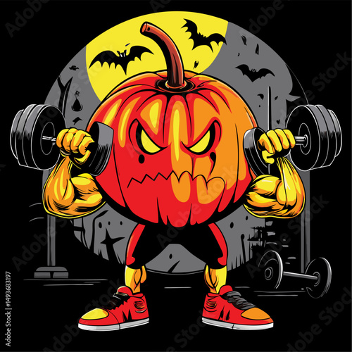 Halloween fitness a muscular pumpkin lifting weights