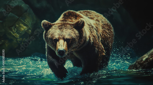 Grizzly Bear Crossing River: A majestic grizzly bear resolutely fords a rushing river, its powerful form reflected in the churning water under the muted light of the wild.