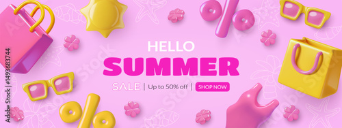 Summer sale banner template with 3d shopping bags, flowers and beach wear on pink background. Modern vector design.