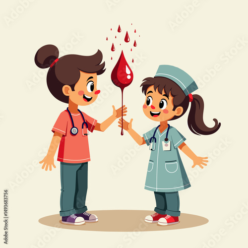 Two children holding blood drop symbol while dressed as doctors  