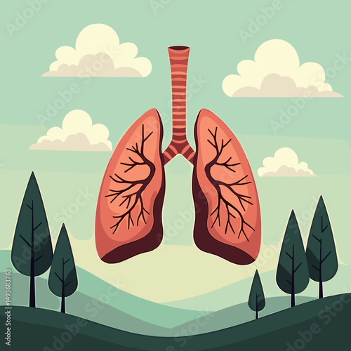 Anatomical illustration of lungs surrounded by nature and trees  