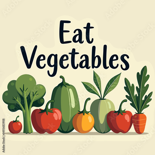 Colorful vegetables with 'Eat Vegetables' text in playful design  