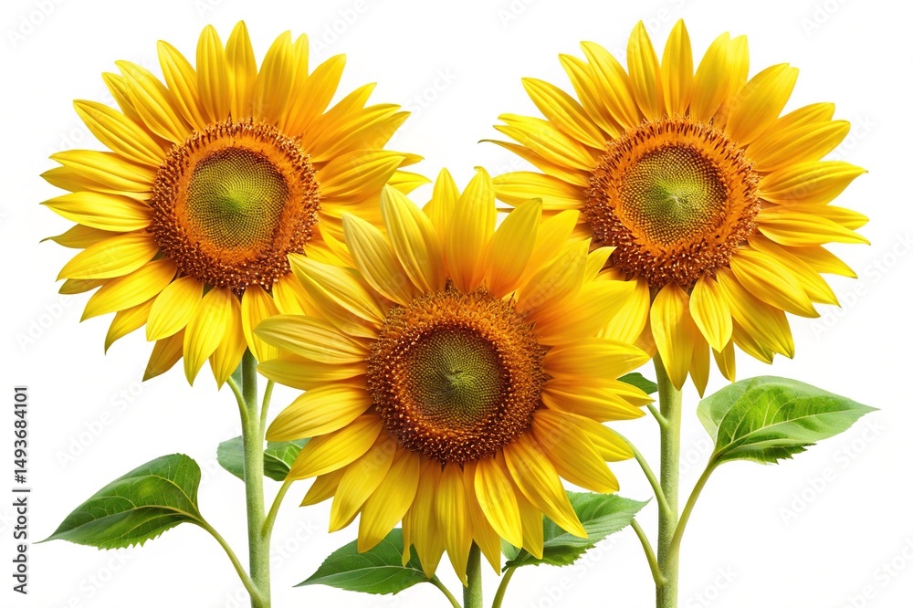Fototapeta premium Three vibrant sunflowers against a white backdrop, showcasing summer's golden hues