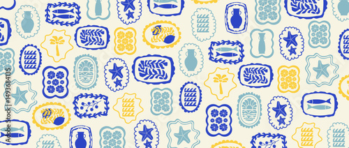 Modern abstract summer poster in sketch doodle style with hand drawn. Trendy design for cards, wall art, ads, print, decor, branding. Amalfi, Italian sea coast hand drawn icons. Summer sea vacation.