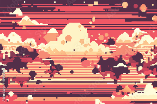 Abstract pixelated sunset illustration with clouds and pixel art in warm tones