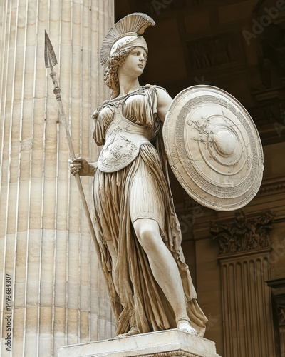 Athena Statue: Majestic statue of Athena, Greek goddess of wisdom and warfare, holding a spear and shield, standing tall in classical pose.